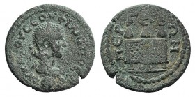 Philip II (247-249). Pamphylia, Perge. Æ (23mm, 5.72g, 12h). Laureate, draped and cuirassed bust r.; globe below. R/ Chest surmounted by three purses....