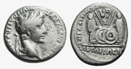 Augustus (27 BC-AD 14). AR Denarius (17mm, 3.43g, 9h). Lugdunum, 2 BC-AD 12. Laureate head r. R/ Caius and Lucius Caesars standing facing, holding shi...