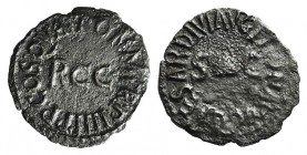 Gaius (Caligula, 37-41). Æ Quadrans (17mm, 2.18g, 6h). Rome, 40-1. Pileus between S C. R/ Large RCC. RIC I 52. Brown patina, Good Fine
