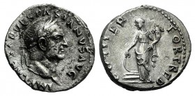Vespasian (69-79). AR Denarius (17mm, 3.28g, 6h). Rome, AD 70. Laureate head r. R/ Fortuna standing l., resting r. hand on prow and holding cornucopia...