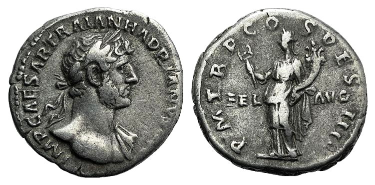 Hadrian (117-138). AR Denarius (18mm, 3.09g, 6h). Rome, AD 118. Laureate bust r....