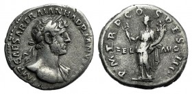 Hadrian (117-138). AR Denarius (18mm, 3.09g, 6h). Rome, AD 118. Laureate bust r., drapery on l. shoulder. R/ Felicitas standing l., holding caduceus a...