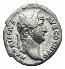 Hadrian (117-138). AR Denarius (17mm,3.08g, 6h). Rome, 134-8. Laureate head r. R/ Hadrian standing l., holding volumen, about to raise Hispania who is...