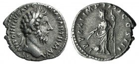 Marcus Aurelius (161-180). AR Denarius (18mm, 3.59g, 12h). Rome, AD 166. Laureate head r. R/ Providentia standing l., holding wand over globe and scep...