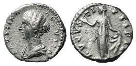 Faustina Junior (Augusta, 147-176). AR Denarius (17mm, 3.13g, 4h). Rome, after AD 147. Draped bust l. R/ Spes standing l., holding flower and raising ...