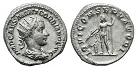 Gordian III (238-244). AR Antoninianus (21mm, 4.55g, 6h). Rome, AD 238. Radiate, draped and cuirassed bust r. R/ Jupiter standing l., holding thunderb...