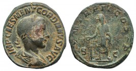 Gordian III (238-244). Æ Sestertius (31mm, 18.70g, 11h). Rome, AD 239. Laureate, draped and cuirassed bust r. R/ Gordian standing r., holding patera o...