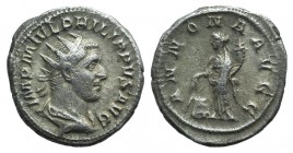 Philip I (244-249). AR Antoninianus (23mm, 5.57g, 12h). Rome, 247. Radiate, draped and cuirassed bust r. R/ Annona standing l., holding grain ears ove...