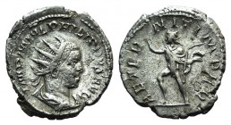 Philip II (Caesar, 244-247). AR Antoninianus (22mm, 4.64g, 12h). Rome, 247. Radiate, draped and cuirassed bust r. R/ Sol advancing l., raising hand an...