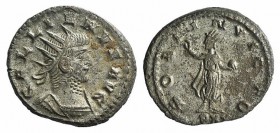 Gallienus (253-268). Antoninianus (19mm, 3.55g, 5h). Antioch, 266-7. Radiate and cuirassed bust r. R/ Sol standing facing, head l., raising r. hand an...