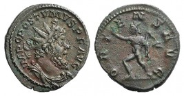 Postumus (260-269). Antoninianus (21mm, 3.45g, 12h). Treveri, AD 268. Radiate, draped, and cuirassed bust r. R/ Sol advancing l., raising r. hand and ...