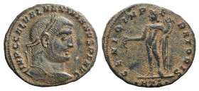 Maximianus (286-305). Æ Follis (26mm, 6.17g, 6h). Heraclea, 297-8. Laureate head r. R/ Genius standing l., holding patera and cornucopia; HTA. RIC VI ...