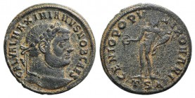 Galerius (Caesar, 293-305). Æ Follis (27mm, 9.47g, 6h). Thessalonica, 298-9. Laureate head r. R/ Genius standing l., holding patera and cornucopia; TS...