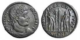 Constantine I (307/310-337). Æ Follis (17mm, 2.30g, 6h). Antioch, c. 333-5. Rosette-diademed, draped and cuirassed bust r. R/ Two soldiers standing fa...