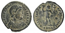 Valentinian I (364-375). Æ (28mm, 9.23g, 5h). Nicomedia, 364-7. Pearl-diademed, draped, and cuirassed bust r. R/ Valentinian standing r., holding laba...