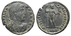 Valens (364-378). Æ (27mm, 8.62g, 7h). Nicomedia, 364-7. Pearl-diademed, draped and cuirassed bust r. R/ Emperor standing facing, head r., holding lab...