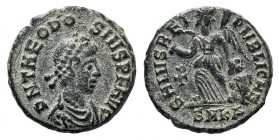 Theodosius I (379-395). Æ (12mm, 1.29g, 6h). Cyzicus, 388-392. Diademed, draped and cuirassed bust r. R/ Victory advancing l., head r., dragging capti...