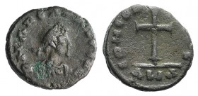 Arcadius (383-408). Æ (9mm, 0.90g, 11h). Heraclea (?). Pearl-diademed, draped and cuirassed bust r. R/ Cross. Cf. RIC IX 123. VF