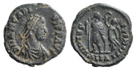 Arcadius (383-408). Æ (15mm, 2.47g., 12h). Alexandria. Pearl-diademed, draped and cuirassed bust r. R/ Emperor standing l., head r., holding spear and...