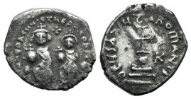 Heraclius with Heraclius Constantine (610-641). AR Hexagram (22mm, 5.20g, 7h). Constantinople, 615-638. Heraclius and Heraclius Constantine seated fac...