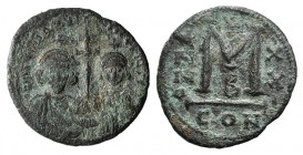 Justinian II with Tiberius (Second reign, 705-711). Æ 40 Nummi (20mm, 2.94 g, 7h). Constantinople, year 20 (705/6). Crowned and draped busts of Justin...
