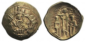 Andronicus II Palaeologus and Michael IX (1282-1328). AV Hyperpyron (26mm, 4.12g, 6h). Constantinople, c. 1294-1303. Half-length figure of the Theotok...