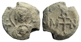 Byzantine Pb Seal, c. 7th-12th century (20mm, 10.64g, 12h). Facing bust of Theotokos; crosses flanking. R/ Cruciform monogram. VF