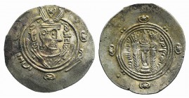 Islamic. Abbasid Governors of Tabaristan, temp. al-Rashid (AH 170-193 / AD 786-809). AR Hemidrachm (24mm, 2.16g, 3h). Stylized crowned Sassanian style...
