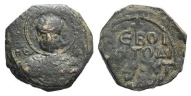 Crusaders, Antioch. Tancred (Regent, 1101-03, 1104-12). Æ Follis (19mm, 3.37g, 12h). Nimbate facing bust of St. Peter, holding cruciform sceptre. R/ L...