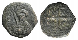 Crusaders, Antioch. Tancred (Regent, 1101-03, 1104-12). Æ Follis (18mm, 3.54g, 6h). Bust of Tancred facing, wearing turban and holding sword. R/ Cross...
