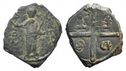 Crusaders, Antioch. Tancred (Regent, 1101-03, 1104-12). Æ Follis (21mm, 3.21g, 6h). St. Peter standing facing, raising hand and holding cross-tipped s...