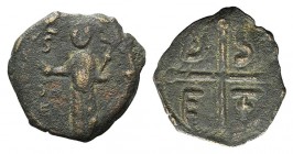 Crusaders, Antioch. Tancred (Regent, 1101-03, 1104-12). Æ Follis (19mm, 2.41g, 9h). St. Peter standing facing, raising hand and holding cross-tipped s...