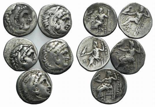 Kingdom of Macedon, lot of 5 Drachms of Alexander the Great. Lot sold as is, no ...