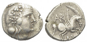 Didrachm AR
Epiros, Korkyra, 229-48 BC, Head of Dionysos / Pegasos
20 mm, 5,25 g
SNG Copenhagen 200