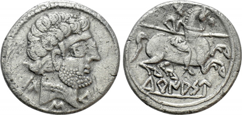 Denarius AR
Spain, Turiasu (2nd-1st century BC), Bearded head right / Warrior o...