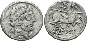 Denarius AR
Spain, Turiasu (2nd-1st century BC), Bearded head right / Warrior on horse rearing right
19 mm, 2,70 g
SNG BM Spain 958-68