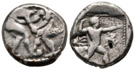 Stater AR
Pamphylia, Aspendos c. 380-325 BC, Two wrestlers grappling / Slinger standing right; triskeles to right; all within shallow incuse square
...