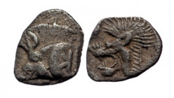 Hemiobol AR
Mysia, Kyzikos, Forepart of boar left, retrograde K on shoulder, to right, tunny upward / Head of lion left, to upper left, head of panth...