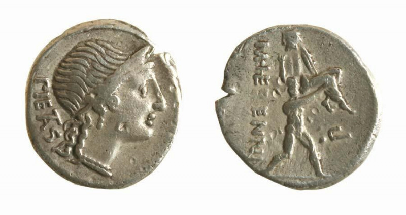 Denarius AR
M. Herennius, 108-107 BC, Head of Piety right / Amphinomus carrying...