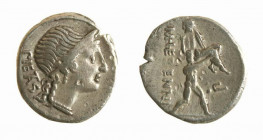 Denarius AR
M. Herennius, 108-107 BC, Head of Piety right / Amphinomus carrying his father
18 mm, 3,77 g>br>Herrenia.1. Cr.308/1b