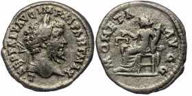 Denarius AR
Septimius Severus (193-211), Laodikeia ad Mare, laureate head right, Moneta seated left, holding scales and cornucopia
19 mm, 3,25 g
RI...