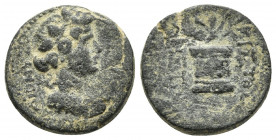 Bronze Æ
Phrygia, Dionysopolis, pseudo-autonomous issue, period of Tiberius, 14-37 AD, Head of Dionysos wearing ivy wreath right, Cista mystica with ...
