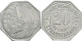 Notgeld Al
20 Pfennig, Nünberg-Fürther, Straßenbahn-Sparkasse
24 mm, 1,2 g
Menzel 19256.36
