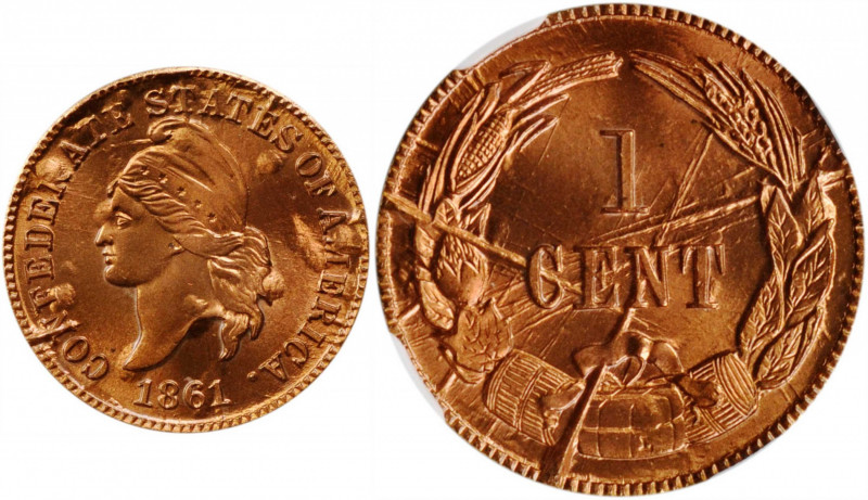 "1861" (1961) Confederate Cent. Bashlow Restrike. Breen-8013. Bronze. MS-68 RD (...