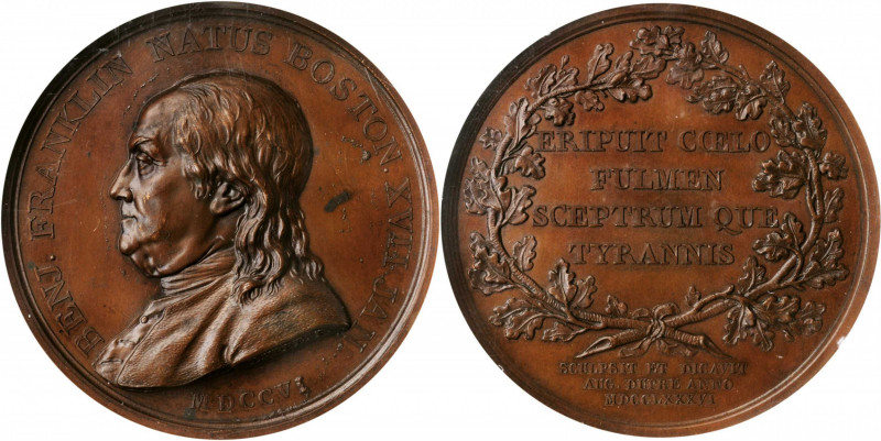 "1786" (1845-1860) Benj. Franklin Natus Boston Medal. Paris Mint Restrike. By Au...