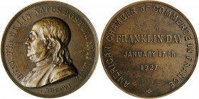 1927 American Chamber of Commerce in France Franklin Day Medal. Greenslet GM-37. Extremely Fine, Minor Edge Bruise.

45.5 mm. Edge marked (cornucopi...