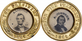 1864 Abraham Lincoln Campaign Ferrotype. DeWitt-AL 1864-96, Cunningham 4-170B, King-153. Gilt Brass Shells. Extremely Fine, Loop Removed.

24.5 mm.