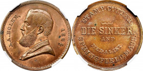 1865 John Adams Bolen Store Card. Musante JAB-17, Rulau Ma-Sp A40. Copper. MS-63 RB (NGC).

28 mm.

Ex Steve Tanenbaum Collection. The plate token...