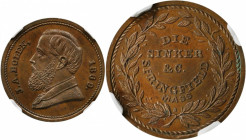 1869 John Adams Bolen Store Card. Musante JAB-35, Rulau Ma-Sp 48. Copper. MS-65 BN (NGC).

25 mm.