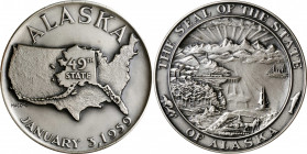 1959 Alaska Statehood Medal. By Ralph J. Menconi. Sterling Silver. Mint State.

63.6 mm. 136 grams. Obv: Alaska map superimposed on map of the conti...